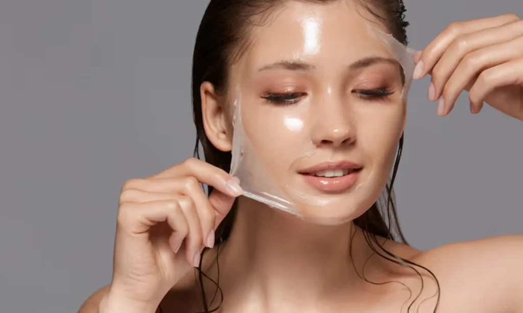 Woman peeling chemical peel on her face